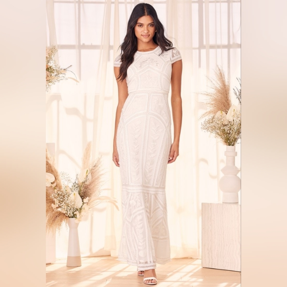 White Sequin Embroidered Mermaid Maxi Dress